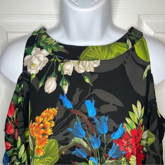 Lulus Oasis Floral We Go Black Tropical Shift Dress Cold Shoulder Split Sleeve S - Picture 6 of 13